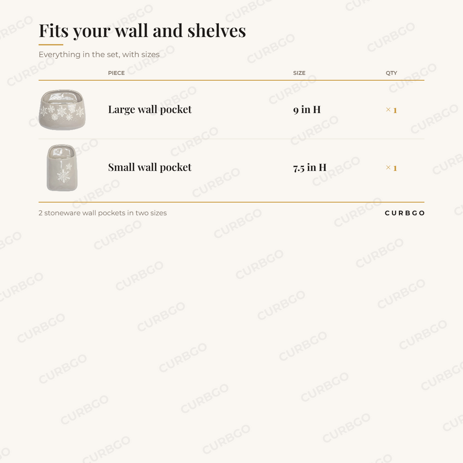 Stoneware Wall Pocket Planters Set of 2 piece sizes: large wall pocket 9 in H (x1); small wall pocket 7.5 in H (x1); 2 stoneware wall pockets in two sizes