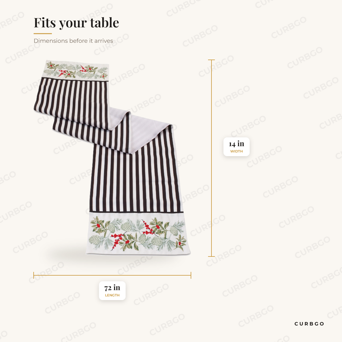Striped holiday table runner dimensions: 72 in long, 14 in wide