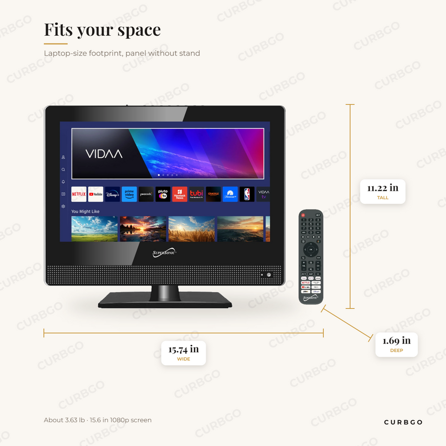 SuperSonic SC-1520VTV 15.6 inch 1080p smart TV dimensions: 15.74 in W x 1.69 in D x 11.22 in H, 3.63 lb, VESA 100 x 100 mm