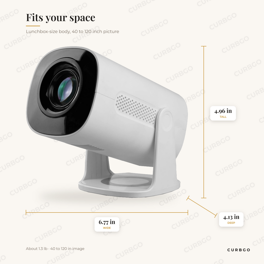 SuperSonic SC-92P smart Wi-Fi projector dimensions: 6.77 in W x 4.13 in D x 4.96 in H, 1.3 lb, 40 to 120 inch image