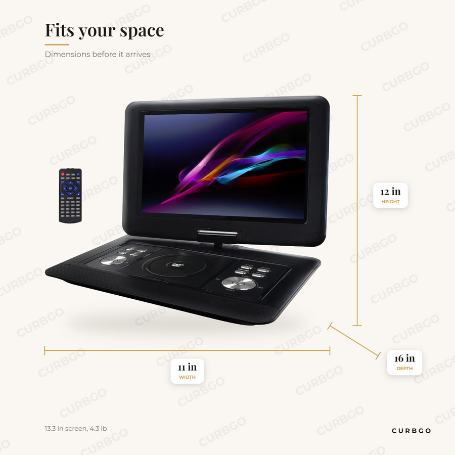 Trexonic Portable TV dimensions: 11 in wide, 12 in tall, 16 in deep, 13.3 in screen, 4.3 lb