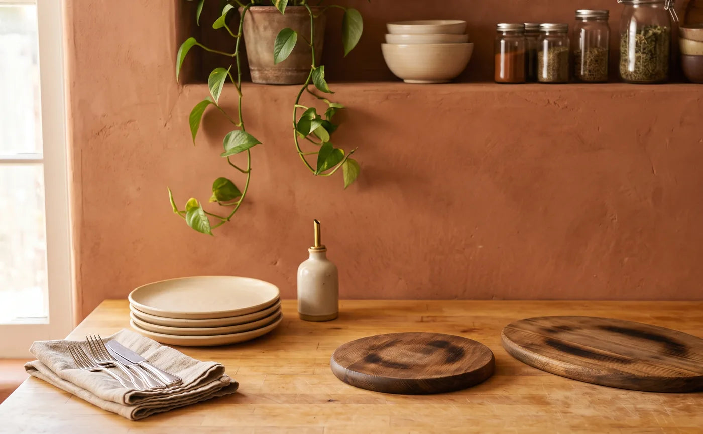A styled kitchen counter with a small round trivet beside a longer oval trivet, showing the two cookware footprints for scale.